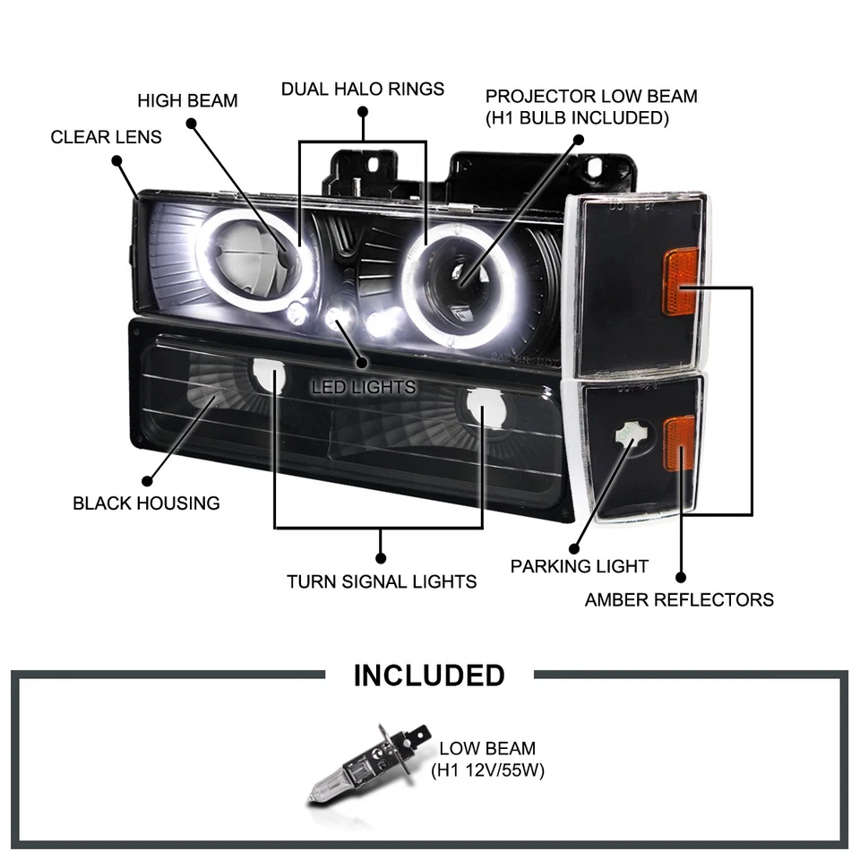 Black Fits 88-93 C10 C/K Yukon LED Halo Projector Headlights+Corner+Bumper Lamps — 第 3/4 张图片