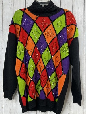 IB Diffusion Sweater Large Colorful Abstract Artsy Color Block Sequin Vintage