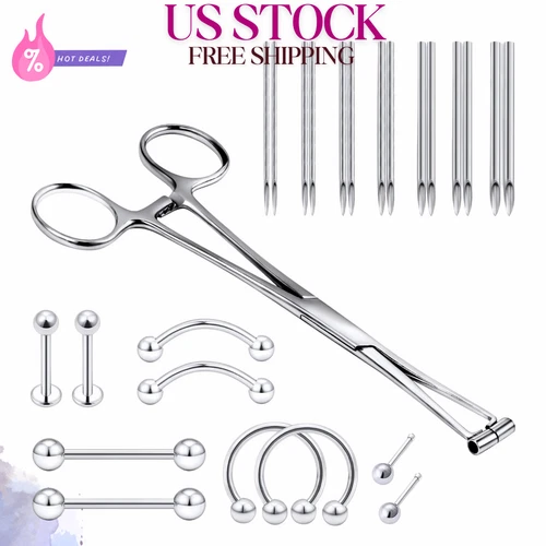 NEW 9-Piece 316L Surgical Steel Body Piercing Tools Kit Clamps Forceps - product listing photo