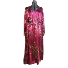 Vintage 80s 90s Volup Red Floral Maxi Long Silky Nightgown And Robe XL Retro