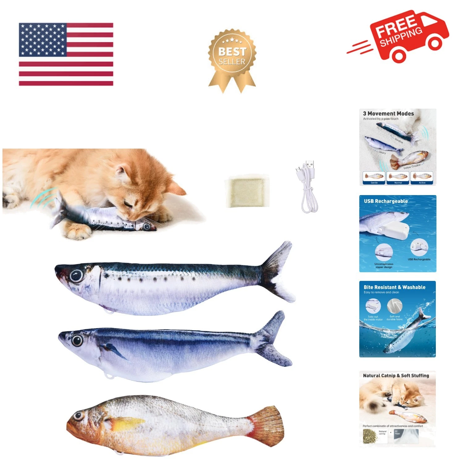 Bite-Sized Realistic Flopping Fish Cat Toys, 3 Pack, Interactive Cat Toys for...