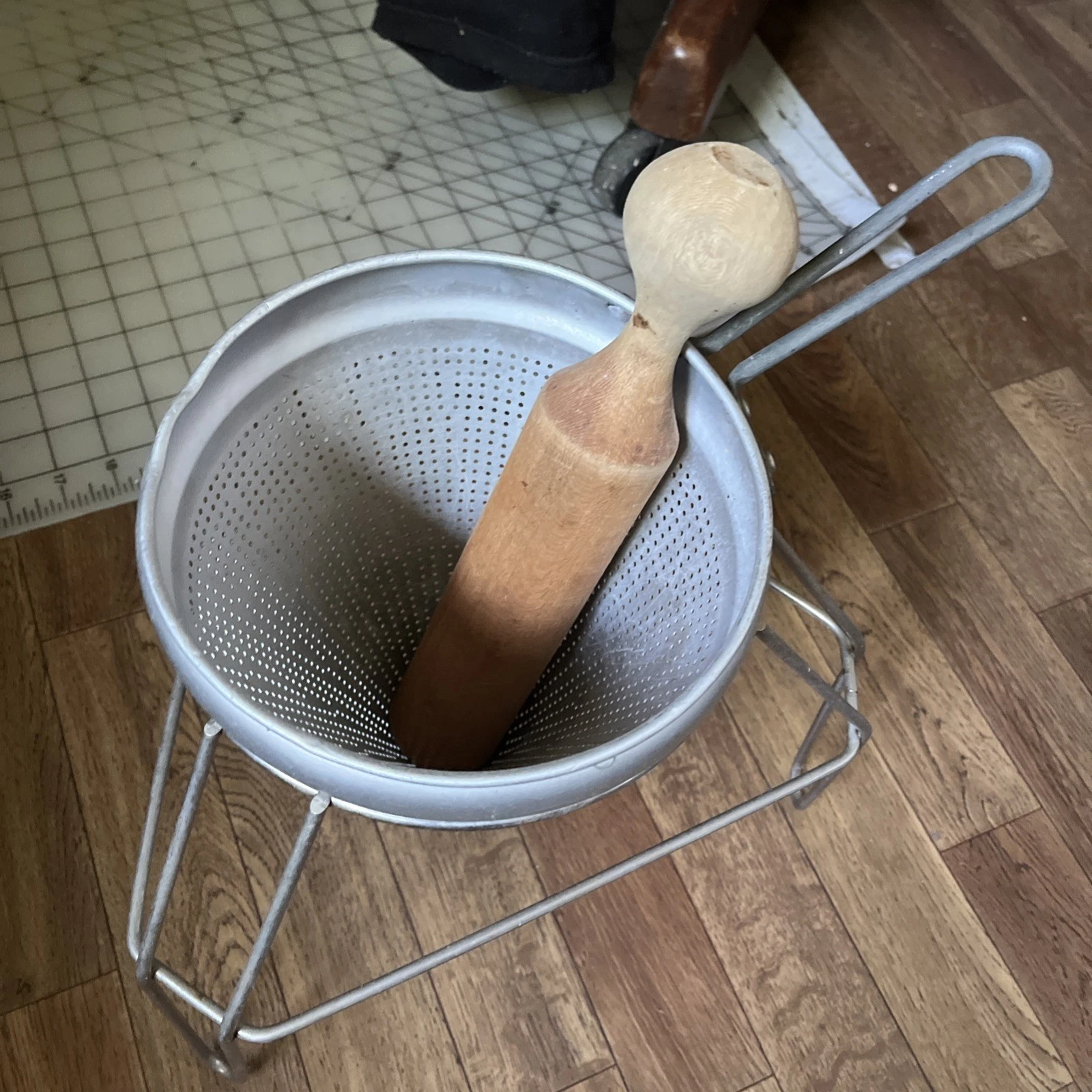 Vintage Aluminum Cone Sieve Colander Strainer With Wood Pestle & Stand