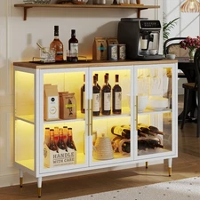 Glass Door Wine Bar Cabinet 13-Color Light Liquor Cabinet w/ Rack & Glass Holder