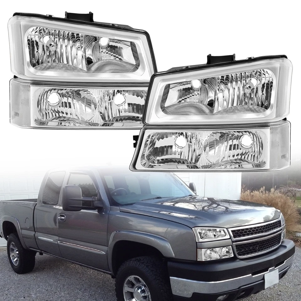 Headlights For 2003-2007 Chevy Silverado Avalanche Chrome+Signal Bumper Lamps - Image 2 of 4