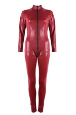 SALES Red & Black Print Faux Leather  2 Way Zip Front To Crotch Catsuit Size 14