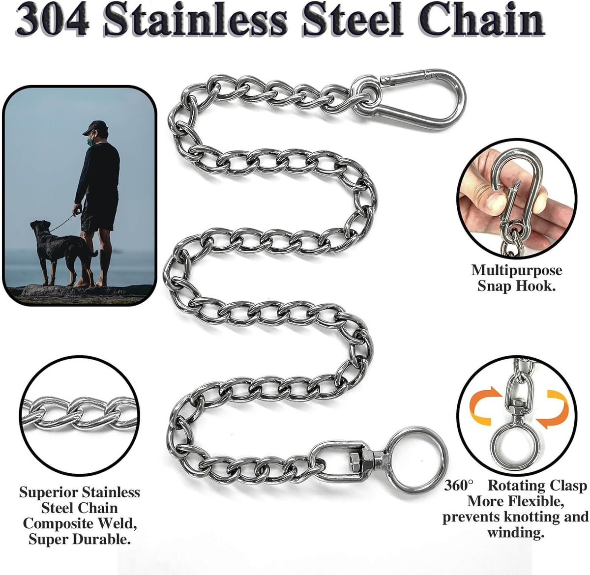 Dog Chain Leash, 304 Stainless Steel Heavy Duty Short Lead, 24