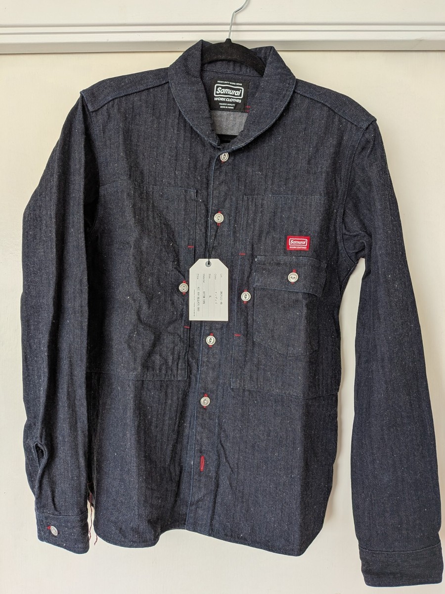 SAMURAI JEANS ヒッコリーカバーオールシャツ S Samurai Jeans Indigo SWCPS22-HB Shawl collar Work Shirt Japanese