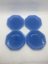 Vintage AKRO AGATE Octagon Child Size 4 PCs Blue Slag Glass Plates 4.5 in