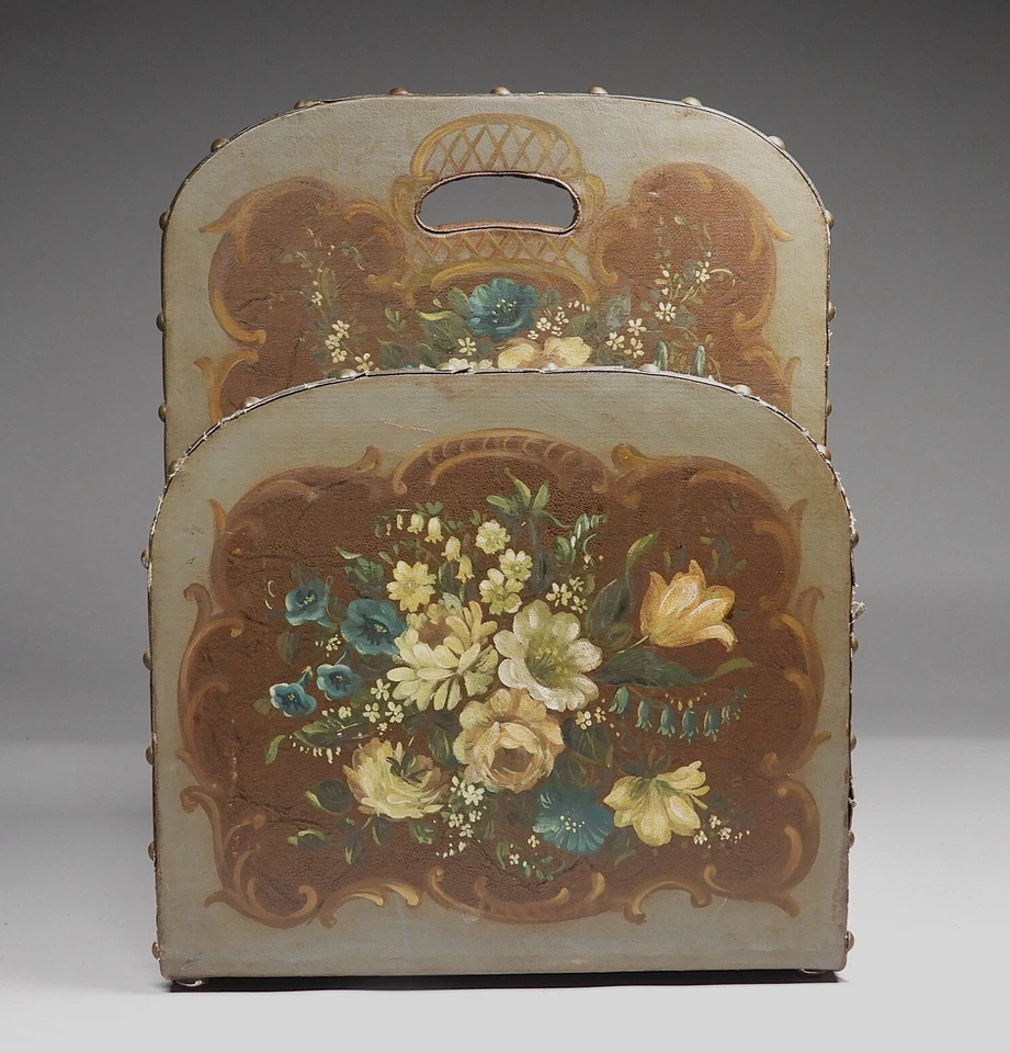 Hermoso! Estante de revista vintage francés de cuero sintético floral pintado a mano Foto 2 de 4