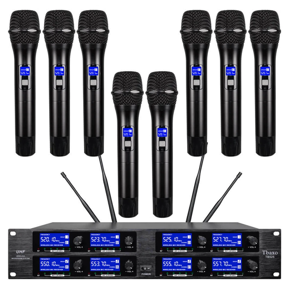 8 Channel UHF Pro Audio Wireless Microphone System 8 Handheld Metal Dynamic Mic