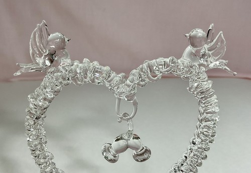 Delicate Hand Blown Heart With Two Love Birds And Two Bells - Picture 4 of 4