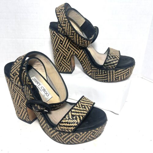 Scarpe Jimmy Choo sandali con plateau grossi donna 6 Aimee tessuto rafia boho glam - Foto 5 di 24