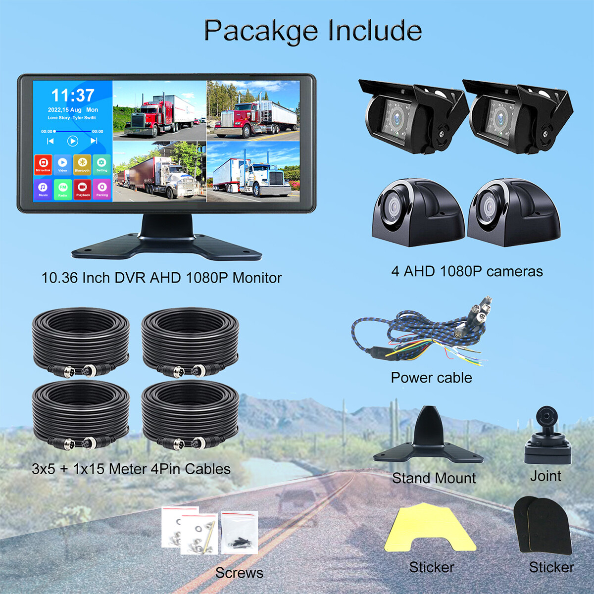 10.36 inch DVR Video Recorder Monitor Split Screen MP5 w/4 Cameras 4 CH System