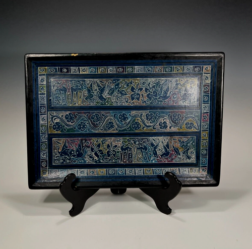 Burma Burmese Carved & Incised polychrome Landscape Animals wood tray ca. 20th c
