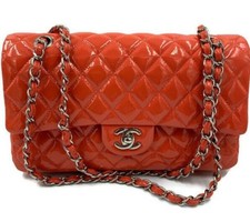 Authentic Chanel Reddish Pink Patent Medium Classic Double Flap Shoulder Bag