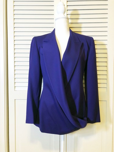 Claude Montana, Favolosa giacca drappeggiata lana viola Claude Montana vintage tg6 Made in Italy