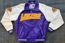 VTG NBA Mighty Mac Los Angeles Lakers Pleather Varsity Jacket Purple White Sz M