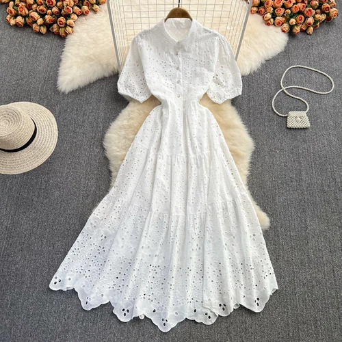 Mujeres Camisa Midi de Encaje Línea A Hueca Grande Swing Vestido Sólido Vacaciones de Verano - Imagen 7 de 25