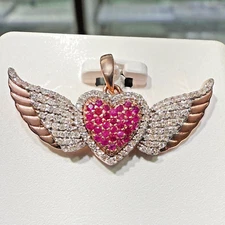 0.41CTW Natural Diamond w/ Ruby 10K Rose Gold Heart Wings Pendant 0.7"