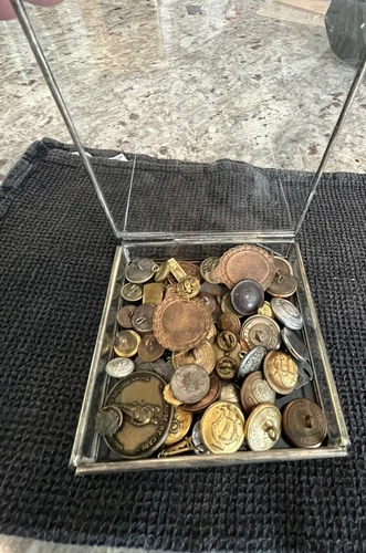 Lot 50+ Vintage Military Uniform Buttons. Civil War, WWI, WWII + Antq Glass Case