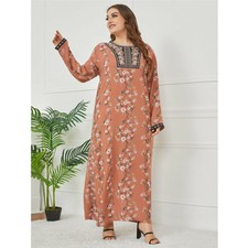 Muslim Loose Gown Embroidery Long Sleeve Maxi Dress Islamic Robe Plus Size Women