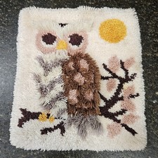 VTG Completed 1970s Fluffy Owl Latch Hook Wall Hanging / Rug 17.5"x20.5" Groovy