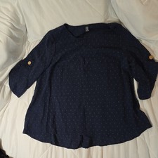SHEIN Curve Navy Blue Polka Dot Blouse, Scoop Neck & 3/4 Roll Tab Sleeves 0XL