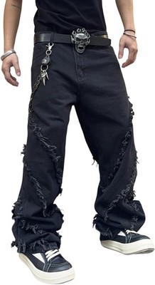 Zewool Herren Y2K Baggy Jeans, locker, schwarz mit Fransen, Größe S