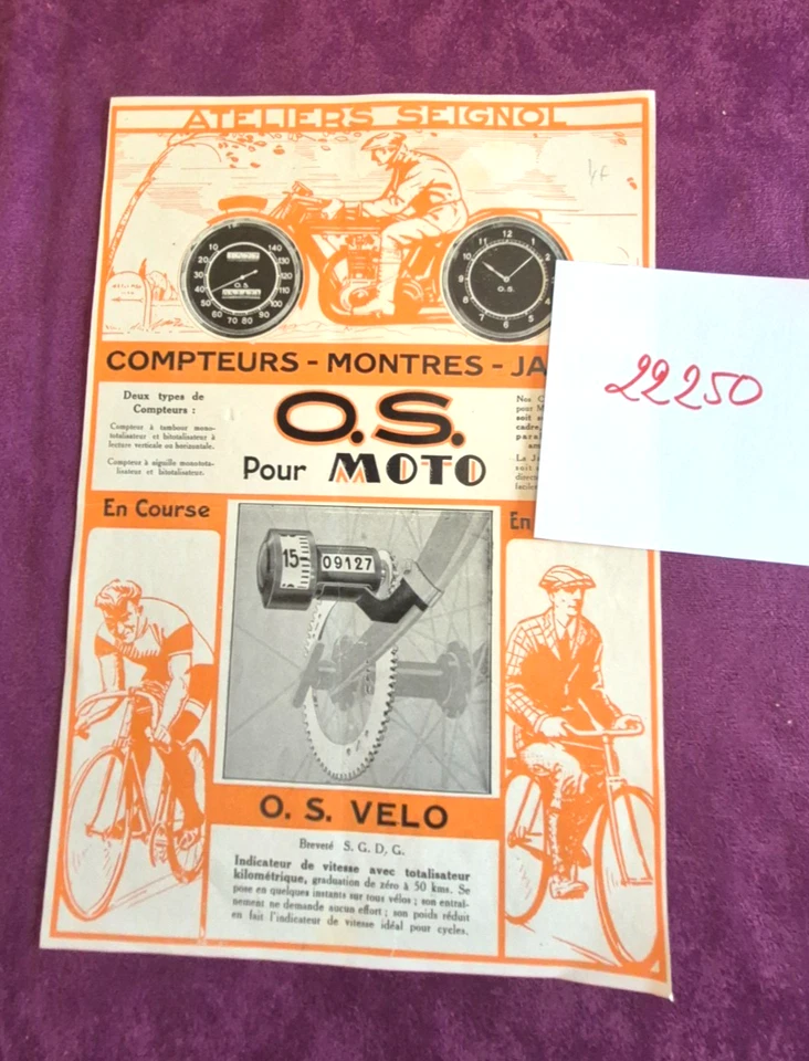 N°22250    prospectus compteurs-montres-jauges  O.S pour MOTO / SEIGNOL   1927 ? - Photo 1/1