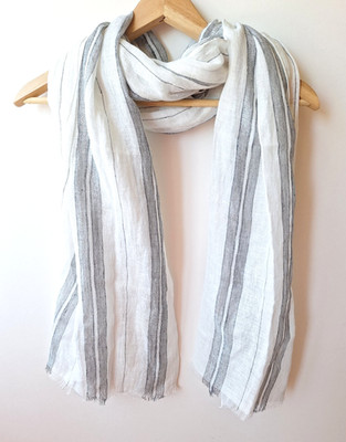 NEW Brunello Cucinelli Linen Scarf White Gray Metallic Stripes Womens 43'' x 31''