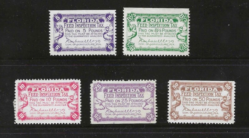 Lot of (5) US State FLORIDA FL FEED INSPECTION Revenue Stamps MINT HIGH VALUE