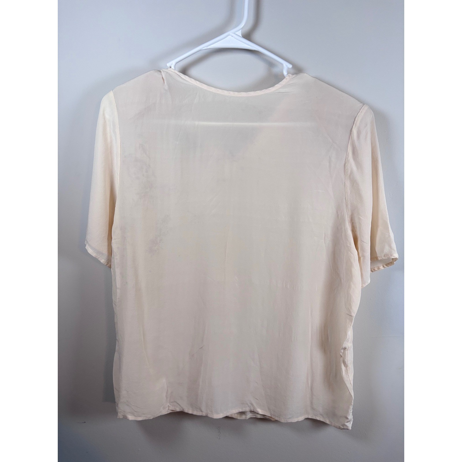 Jennifer Moore Vintage 100% Silk Short Sleeve Blouse Cream Large Keyhole Back