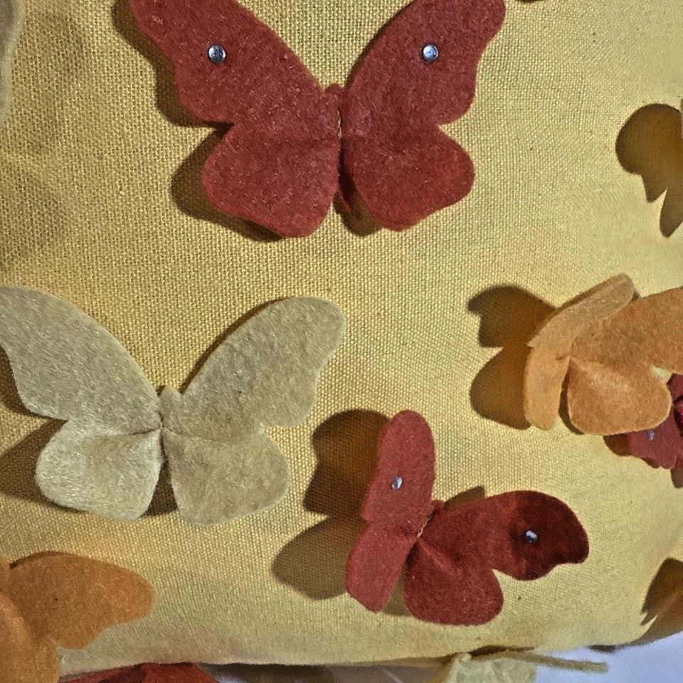 Yellow Butterfly Pillow 17” Handmade Rustic Orange Sequins Cloth Cheerful Gift - Image 4 of 4