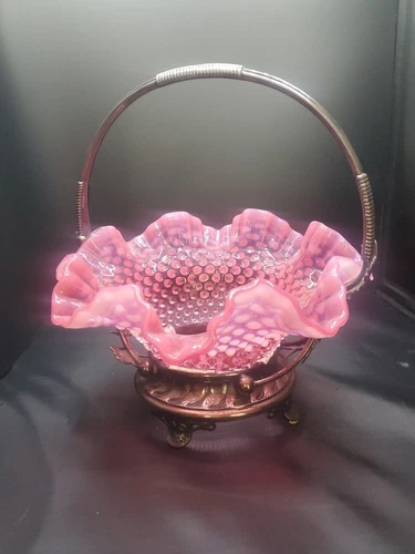 Vintage Fenton Bride's Basket, Cranberry, Opalescent,with Metal Stand 11" Tall