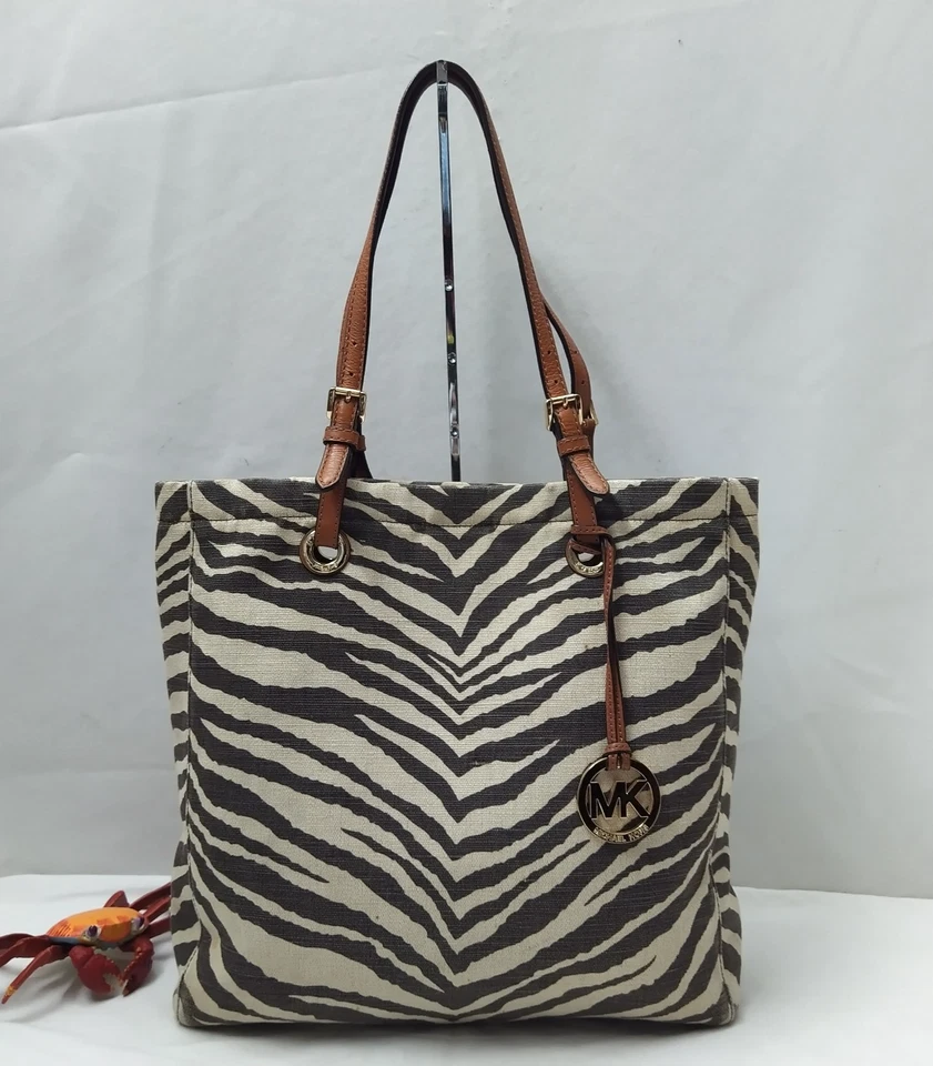 Michael Kors Black White Canvas Zebra Printed Double Handles Tote Bag