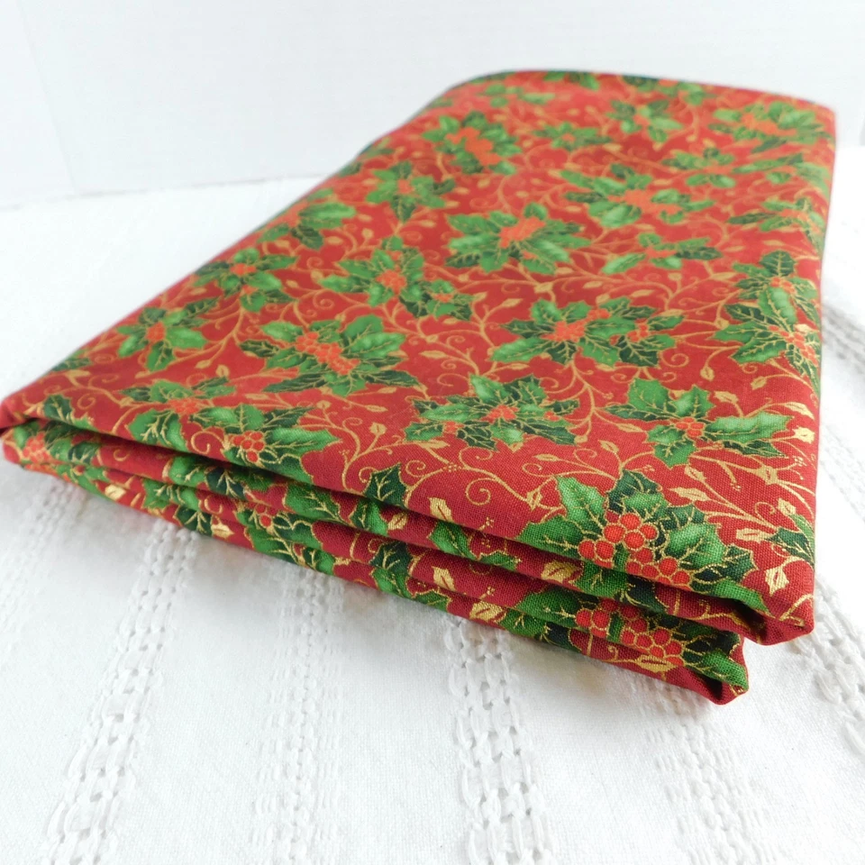 Christmas Cotton Fabric RJR Studio Quilting Red Holly Berries Green Gold 1.27 yd - Image 3 of 4