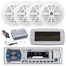 Pyle Bluetooth Marine Radio, Cover, Antenna,Amp w/Kit, 4x 4'' 100W White Speaker