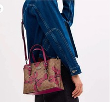 NWT Coach Mollie Tote In Signature Canvas Bow Print Silver/Tan/Pink