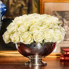 Classic Elegant Faux White Rose Floral Arrangement Antique Centerpiece Bowl