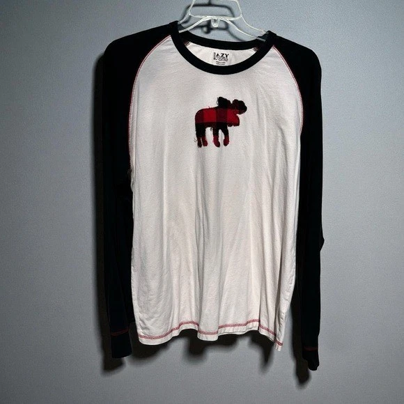 🌻Lazy One Moose Long Sleeve Cream Black Buffalo Check Pajama Lounge Top Size XL - Image 4 of 4