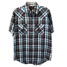 Plains Western Wear Mens Shirt Pearl Snap Medium Gray Plaid Short Sleeve Cowboy