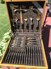 Vtg SIAM Gold Tone Set 36 Piece Display Case Thailand Flatware Budda Handle