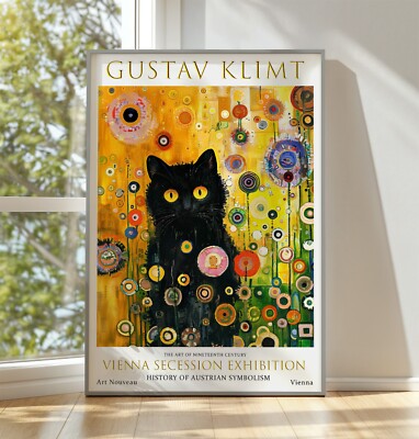 Gustav Klimt schwarze Katze Blumenmuster Vintage Gemälde Ausstellung Poster Bildende Kunst Druck