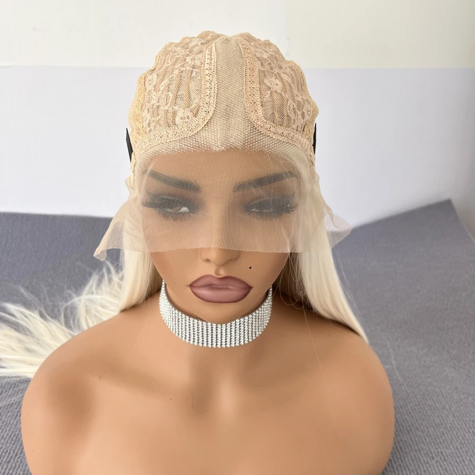 Peluca larga recta resistente al calor sintética HD T encaje frontal rubio platino Foto 2 de 4