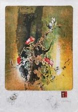 Lebadang (aka Hoi), Red Blossoms on Orange, Lithograph on Handmade paper, signed