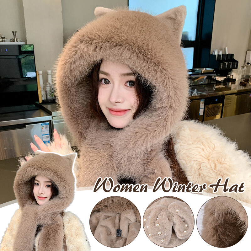 Winter Mask Hood Scarf Set - Faux Fur Plush Hat & Scarf For Men & Women (Beige, One Size Fits Most) - View #6