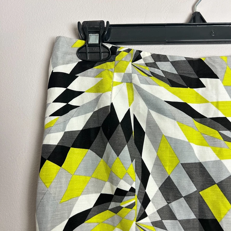 Saia Feminina TIBI 4 Verde Cinza Estampa Gráfica Linho de Seda Reta - Imagem 2 de 4