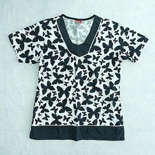 Dickies Scrub Top Women XS Butterfly Pattern Black White Short Sleeve Cotton