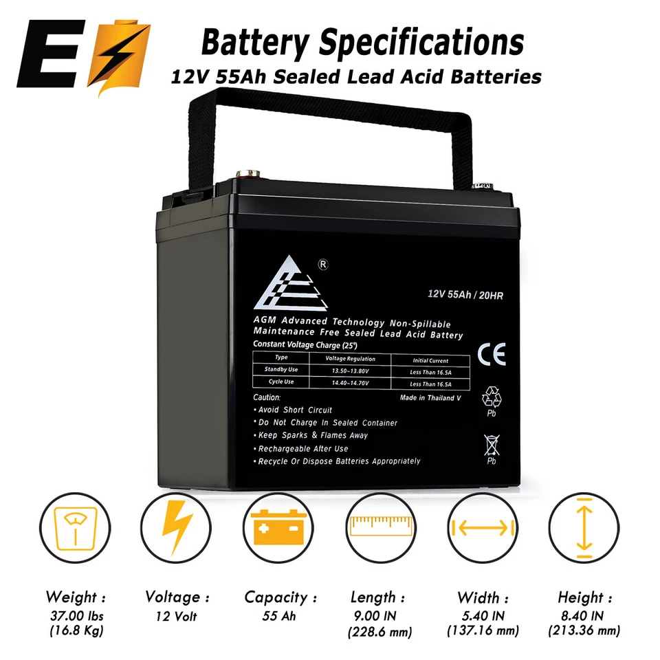 12 Volt (12V) 55 Amp (55Ah) VRLA AGM Sealed Lead Acid Battery 55 AMPS HIGH CAP - Image 3 of 4