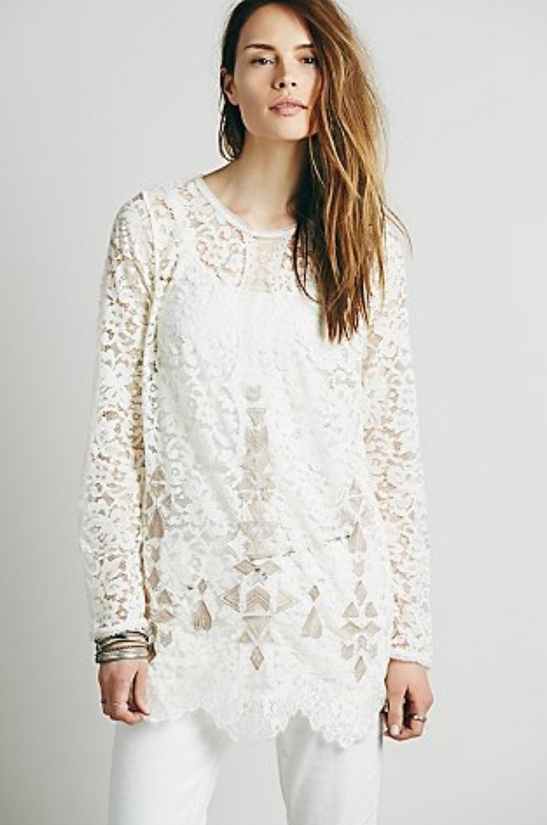 ivory lace tunic dress Free People Embroidered Boho Open Back XS Retails $168.00 amzon product